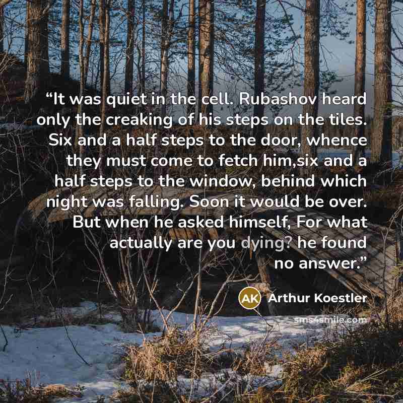 “It was quiet in the cell. Rubashov heard only the creaking of his steps on the tiles. Six and a half steps to the door, whence they must come to fetch him,six and a half steps to the window, behind which night was falling. Soon it would be over. But when he asked himself, For what actually are you…” quote by Arthur Koestler