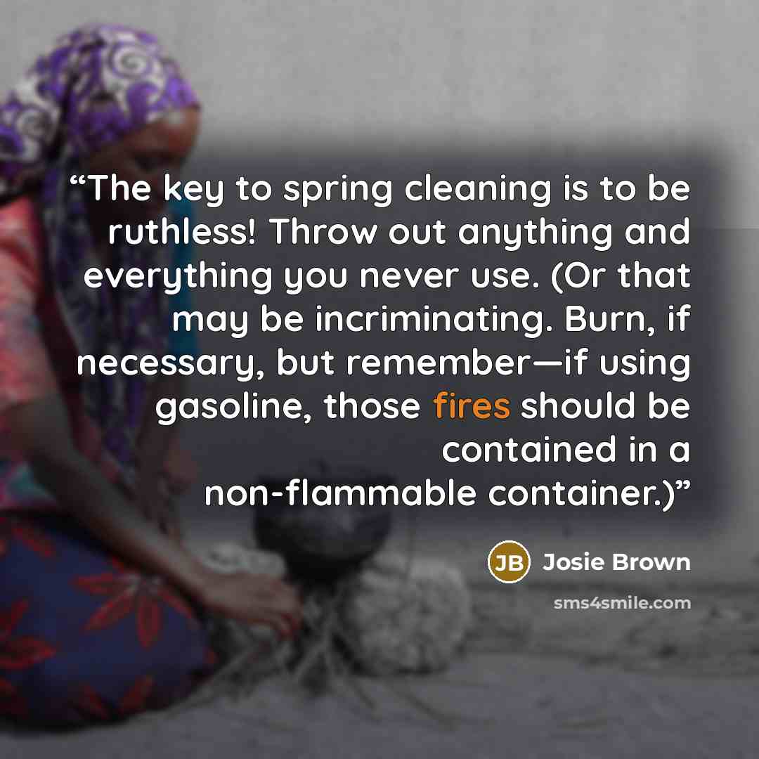 “The key to spring cleaning is to be ruthless! Throw out anything and everything you never use. (Or that may be incriminating. Burn, if necessary, but remember—if using gasoline, those fires should be contained in a non-flammable container.)” quote by Josie Brown