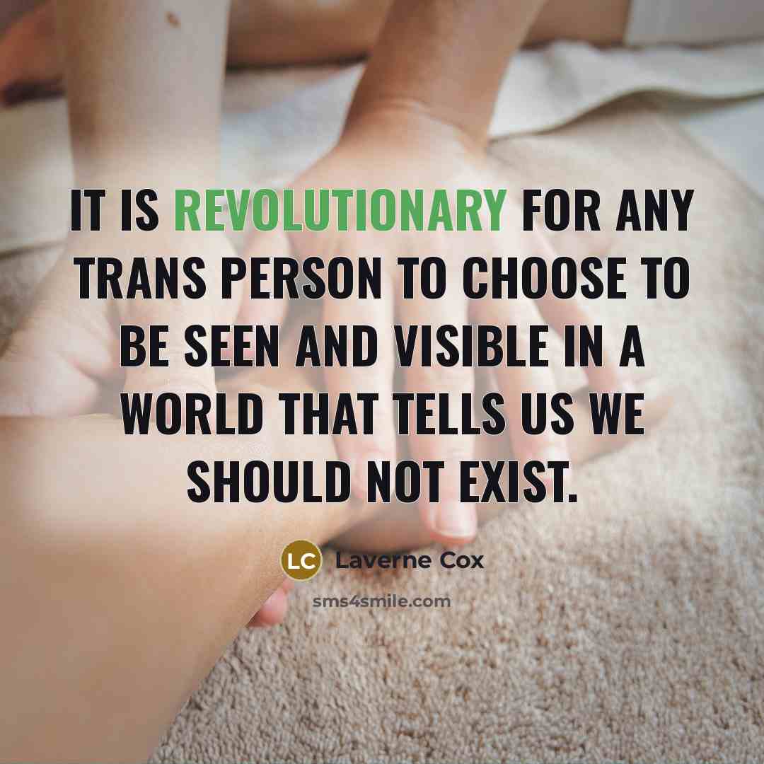 “It is revolutionary for any trans person to choose to be seen and visible in a world that tells us we should not exist.” quote by Laverne Cox