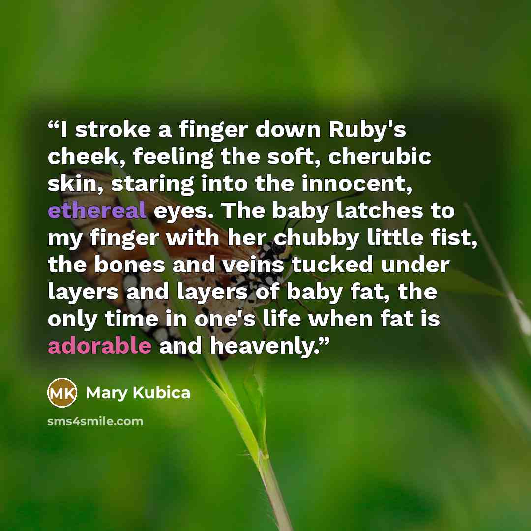 “I stroke a finger down Ruby's cheek, feeling the soft, cherubic skin, staring into the innocent, ethereal eyes. The baby latches to my finger with her chubby little fist, the bones and veins tucked under layers and layers of baby fat, the only time in one's life when fat is adorable and heavenly.” quote by Mary Kubica