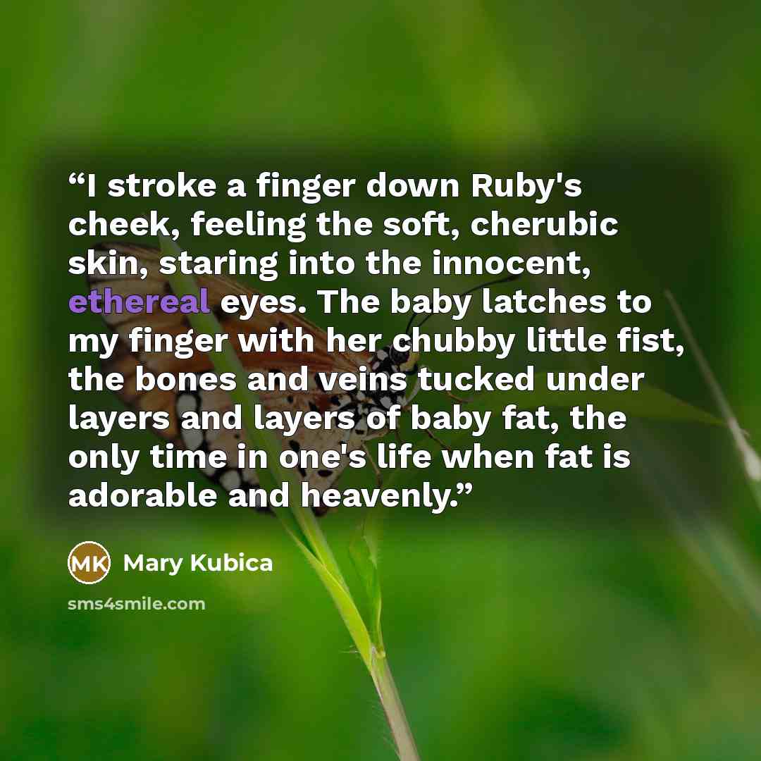 “I stroke a finger down Ruby's cheek, feeling the soft, cherubic skin, staring into the innocent, ethereal eyes. The baby latches to my finger with her chubby little fist, the bones and veins tucked under layers and layers of baby fat, the only time in one's life when fat is adorable and heavenly.” quote by Mary Kubica