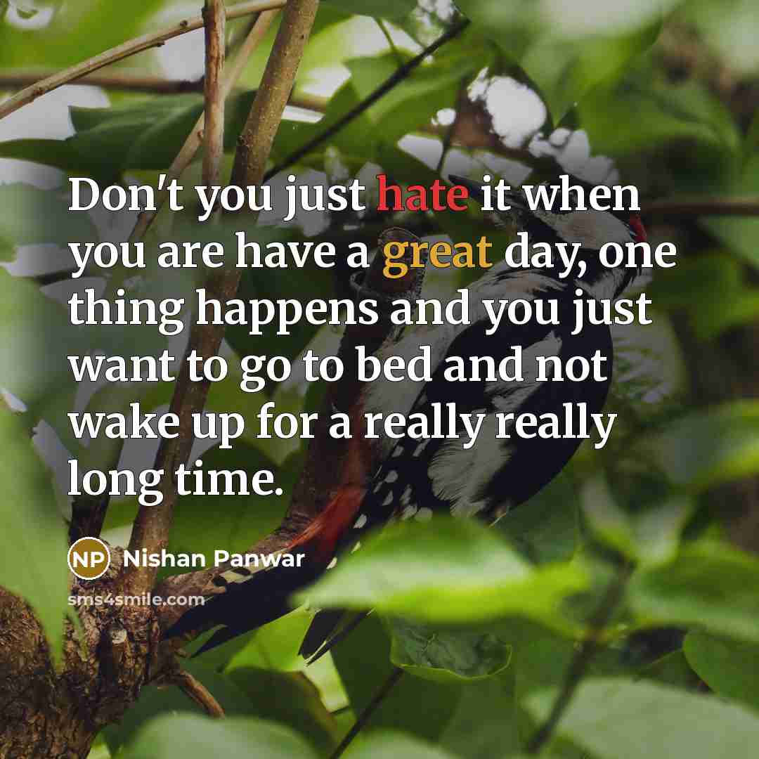 “Don't you just hate it when you are have a great day, one thing happens and you just want to go to bed and not wake up for a really really long time.” quote by Nishan Panwar