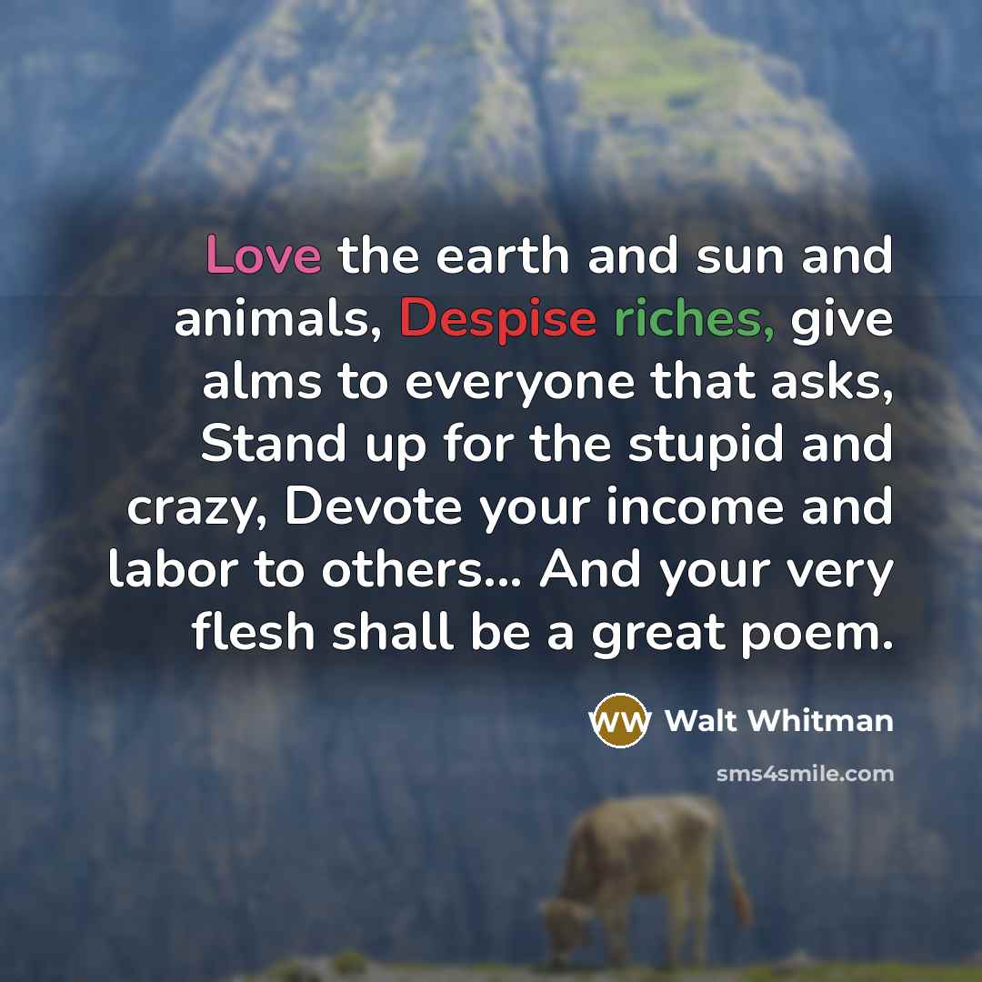 “Love the earth and sun and animals, Despise riches, give…” quote by Walt Whitman