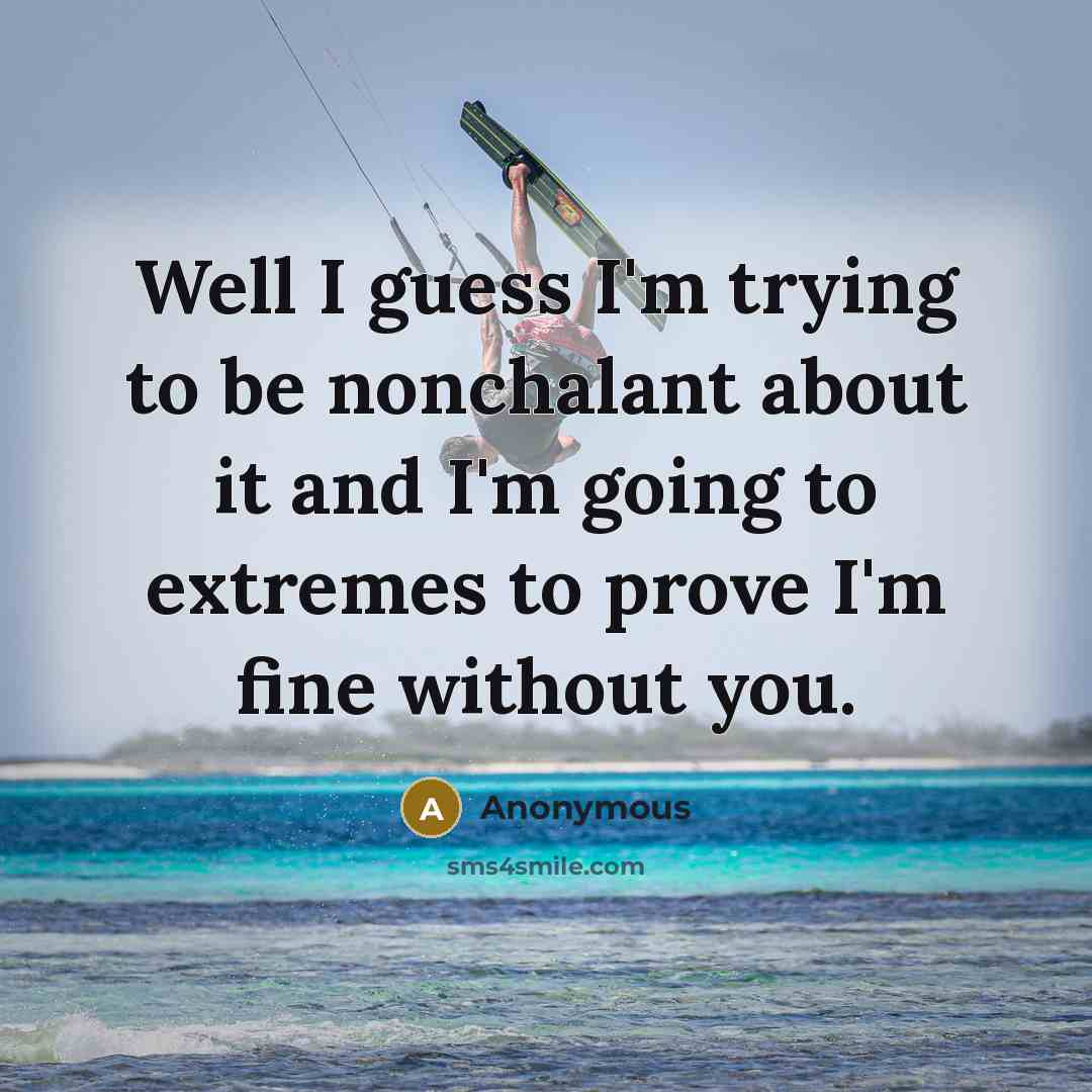 “Well I guess I'm trying to be nonchalant about it and I'm going to extremes to prove I'm fine without you.” quote by Anonymous