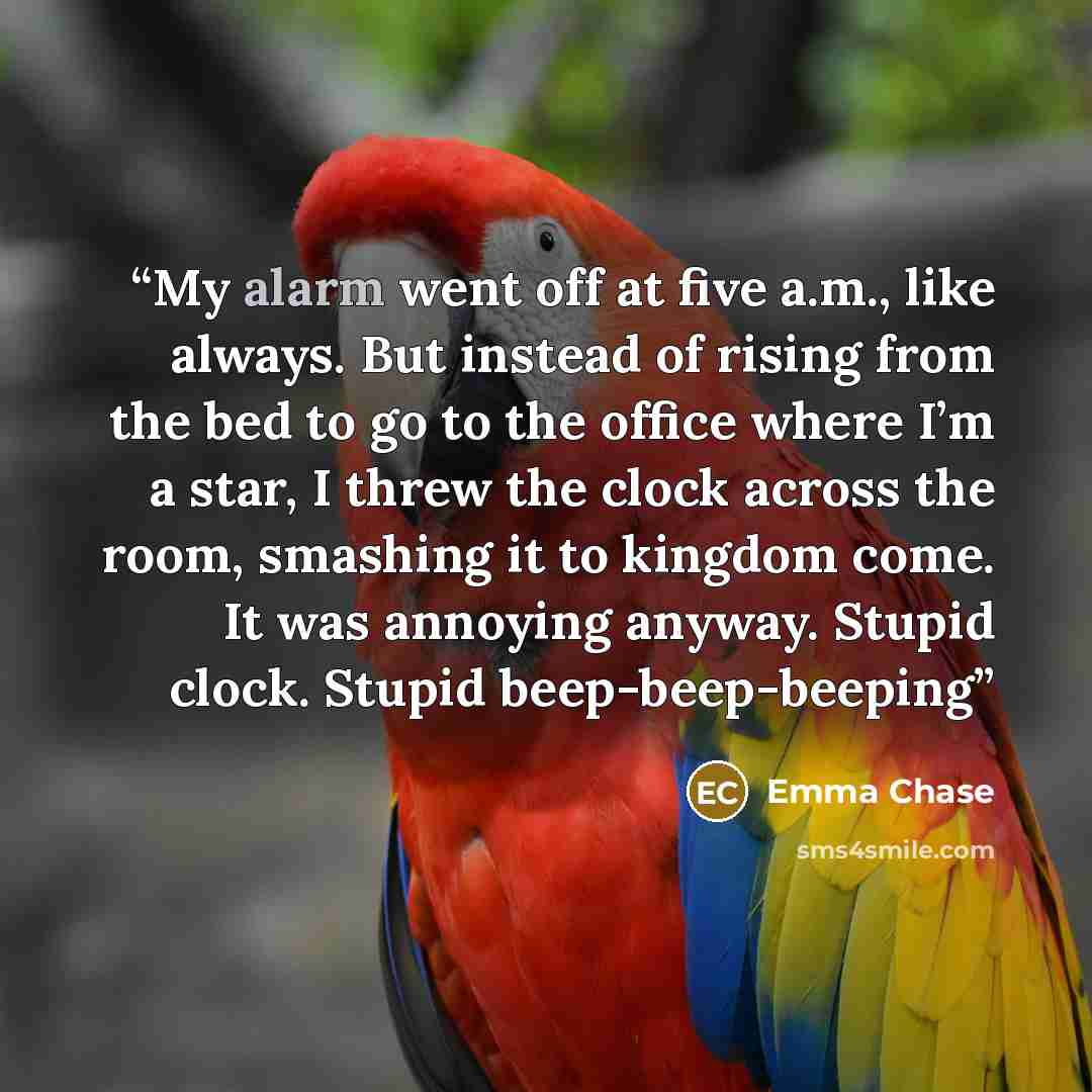 “My alarm went off at five a.m., like always. But instead of rising from the bed to go to the office where I’m a star, I threw the clock across the room, smashing it to kingdom come. It was annoying anyway. Stupid clock. Stupid beep-beep-beeping” quote by Emma Chase