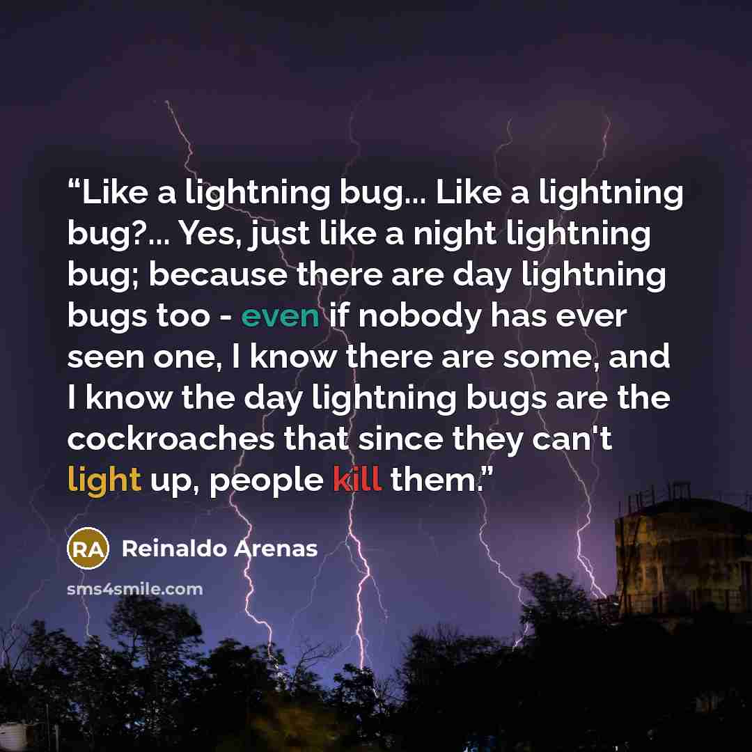 “Like a lightning bug... Like a lightning bug?... Yes, just like a night lightning bug; because there are day lightning bugs too - even if nobody has ever seen one, I know there are some, and I know the day lightning bugs are the cockroaches that since they can't light up, people kill them.” quote by Reinaldo Arenas