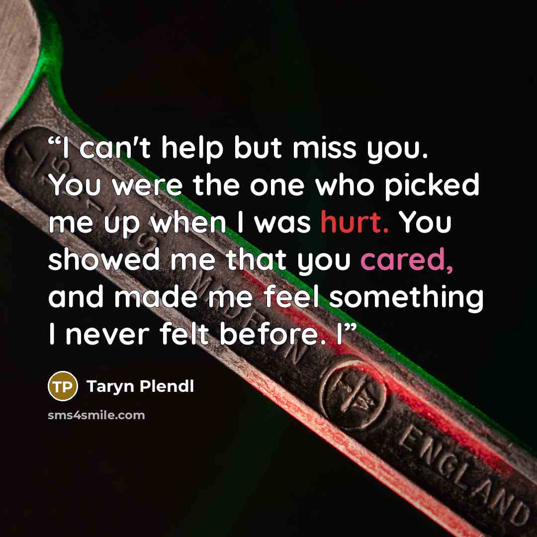 “I can't help but miss you. You were the one who picked me up when I was hurt. You showed me that you cared, and made me feel something I never felt before. I” quote by Taryn Plendl