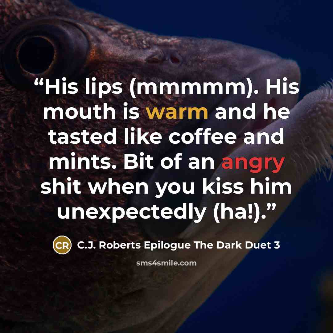 “His lips (mmmmm). His mouth is warm and he tasted like coffee and mints. Bit of an angry shit when you kiss him unexpectedly (ha!).” quote by C.J. Roberts Epilogue The Dark Duet 3