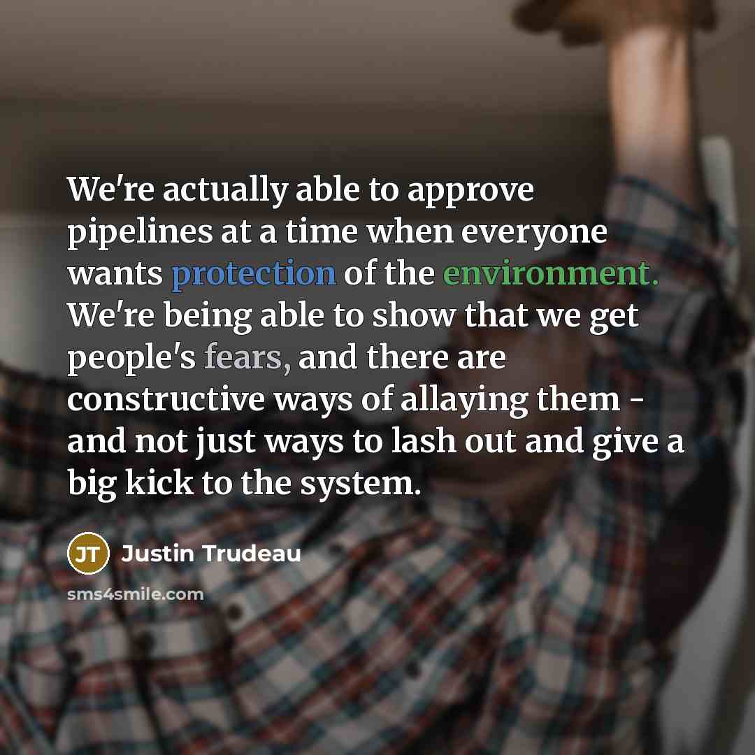 “We're actually able to approve pipelines at a time when everyone wants protection of the environment. We're being able to show that we get people's fears, and there are constructive ways of allaying them - and not just ways to lash out and give a big kick to the system.” quote by Justin Trudeau