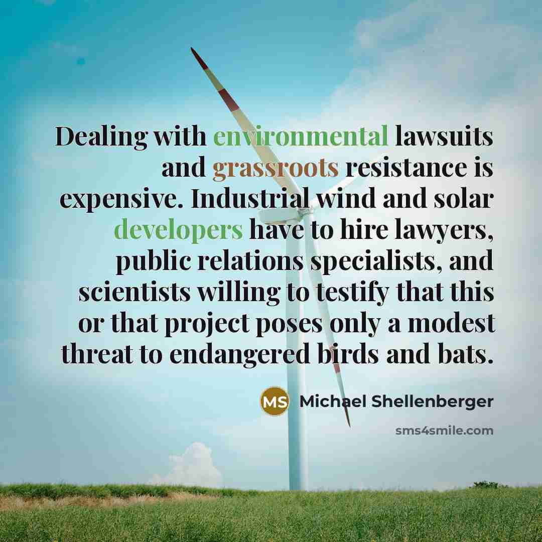 “Dealing with environmental lawsuits and grassroots resistance is expensive. Industrial wind and solar developers have to hire lawyers, public relations specialists, and scientists willing to testify that this or that project poses only a modest threat to endangered birds and bats.” quote by Michael Shellenberger