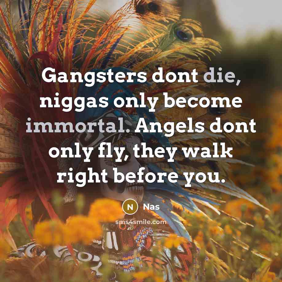 “Gangsters dont die, niggas only become immortal. Angels dont only fly, they walk right before you.” quote by Nas
