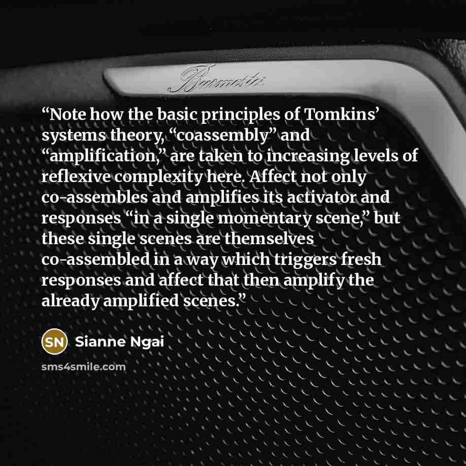 “Note how the basic principles of Tomkins’ systems theory, “coassembly” and “amplification,” are taken to increasing levels of reflexive complexity here. Affect not only co-assembles and amplifies its activator and responses “in a single momentary scene,” but these single scenes are themselves…” quote by Sianne Ngai