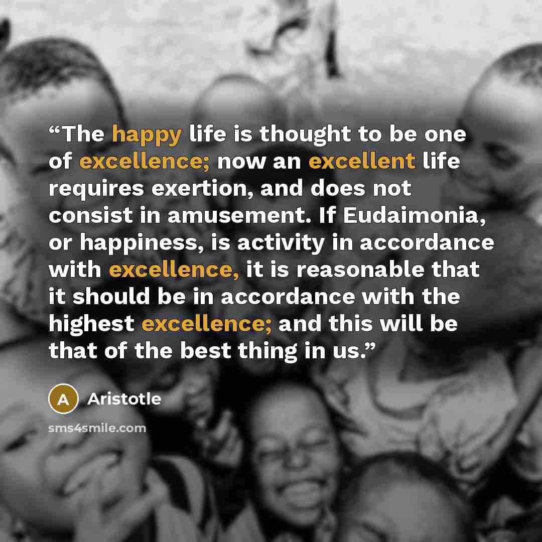 “The happy life is thought to be one of excellence; now an excellent life requires exertion, and does not consist in amusement. If Eudaimonia, or happiness, is activity in accordance with excellence, it is reasonable that it should be in accordance with the highest excellence; and this will be that…” quote by Aristotle