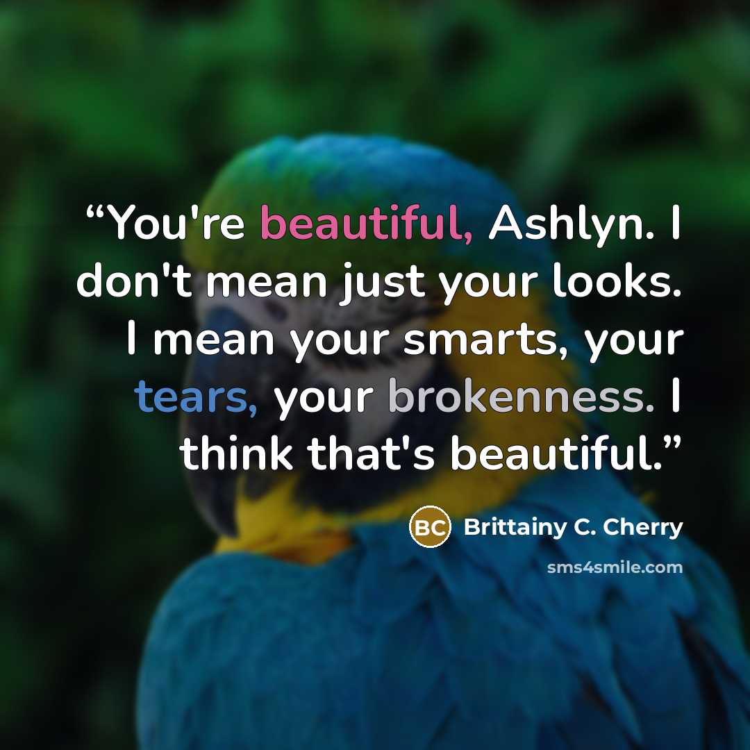 “You're beautiful, Ashlyn. I don't mean just your looks. I mean your smarts, your tears, your brokenness. I think that's beautiful.” quote by Brittainy C. Cherry