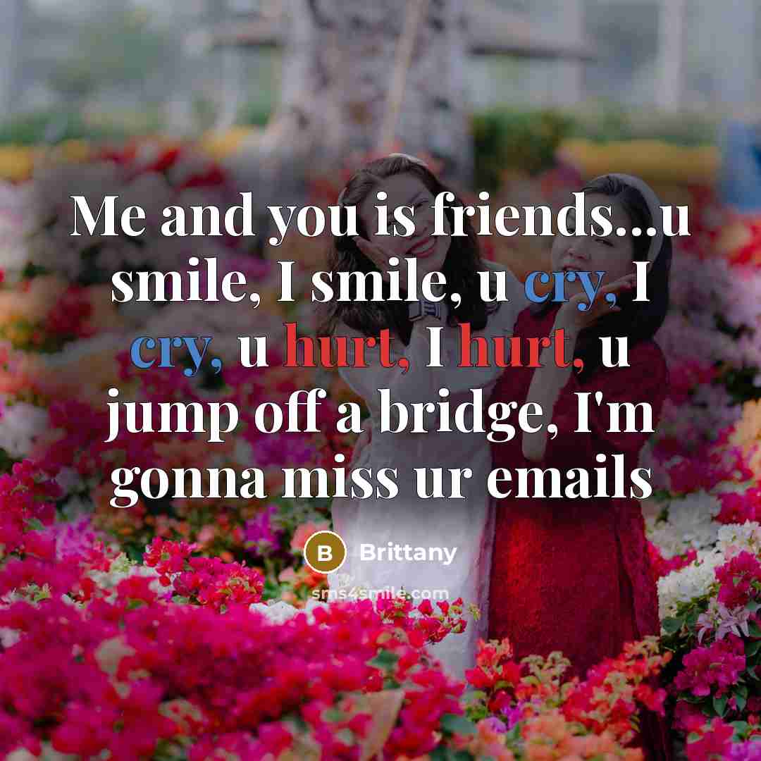 “Me and you is friends...u smile, I smile, u cry, I cry, u hurt, I hurt, u jump off a bridge, I'm gonna miss ur emails” quote by Brittany
