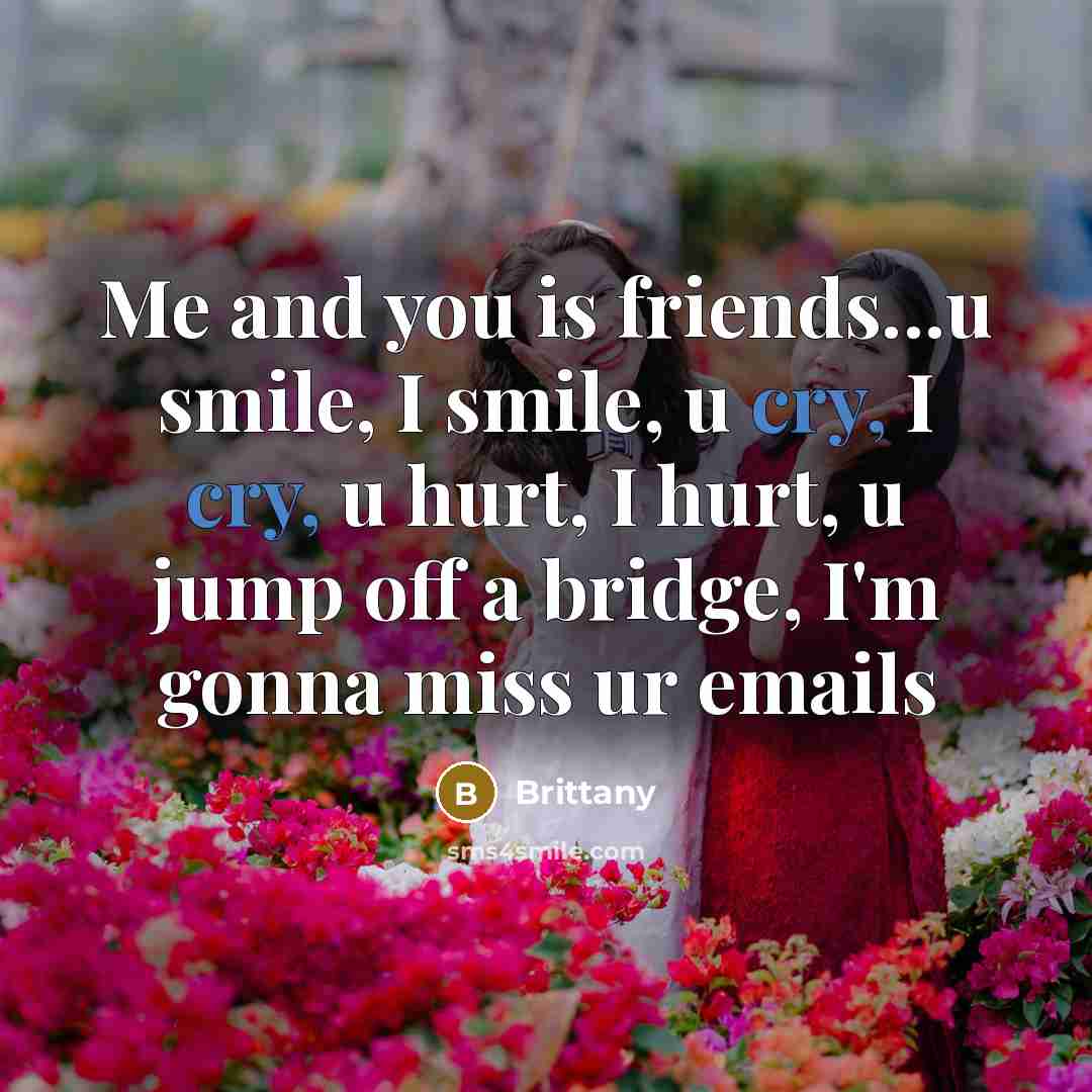 “Me and you is friends...u smile, I smile, u cry,…” quote by Brittany