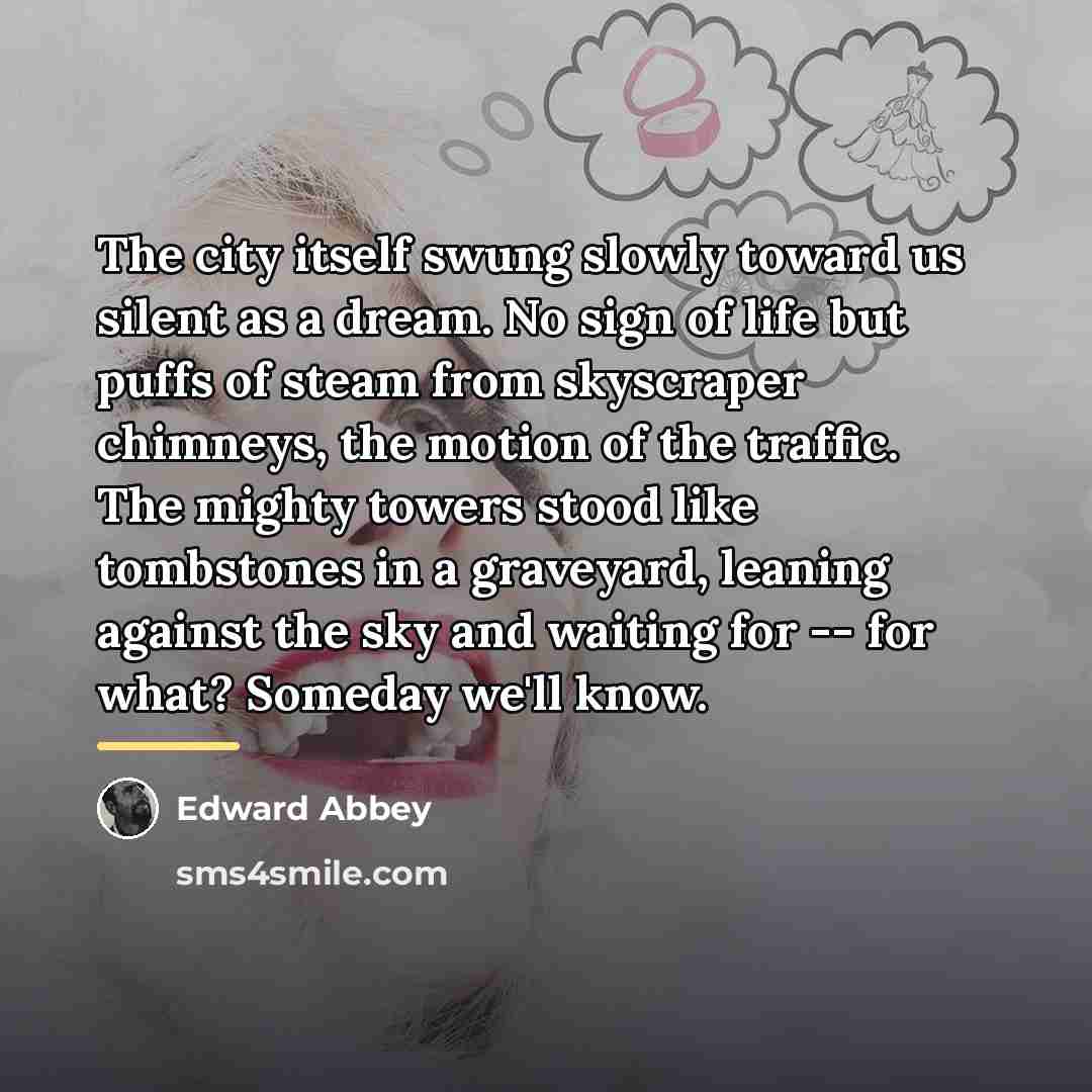 “The city itself swung slowly toward us silent as a…” quote by Edward Abbey