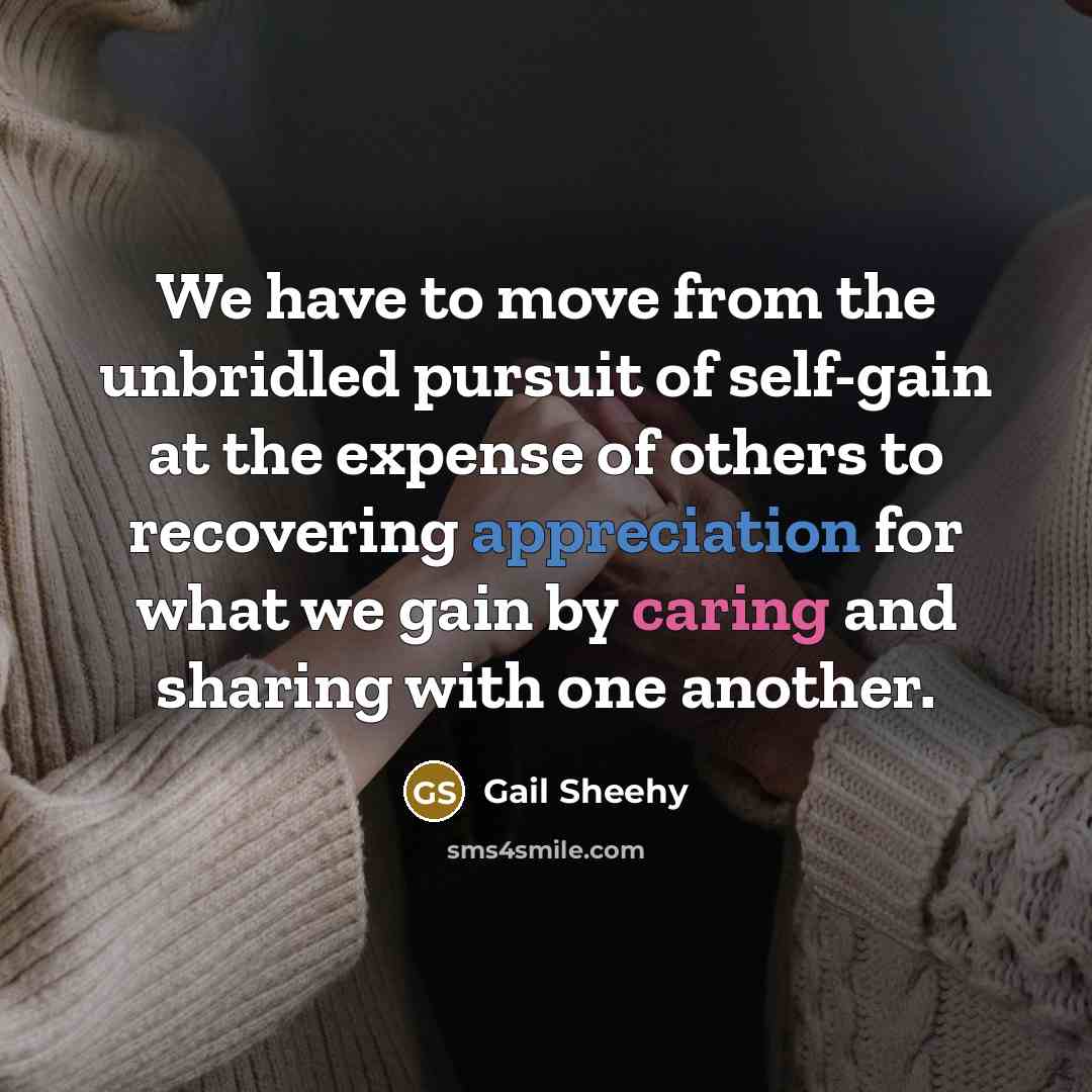 “We have to move from the unbridled pursuit of self-gain…” quote by Gail Sheehy