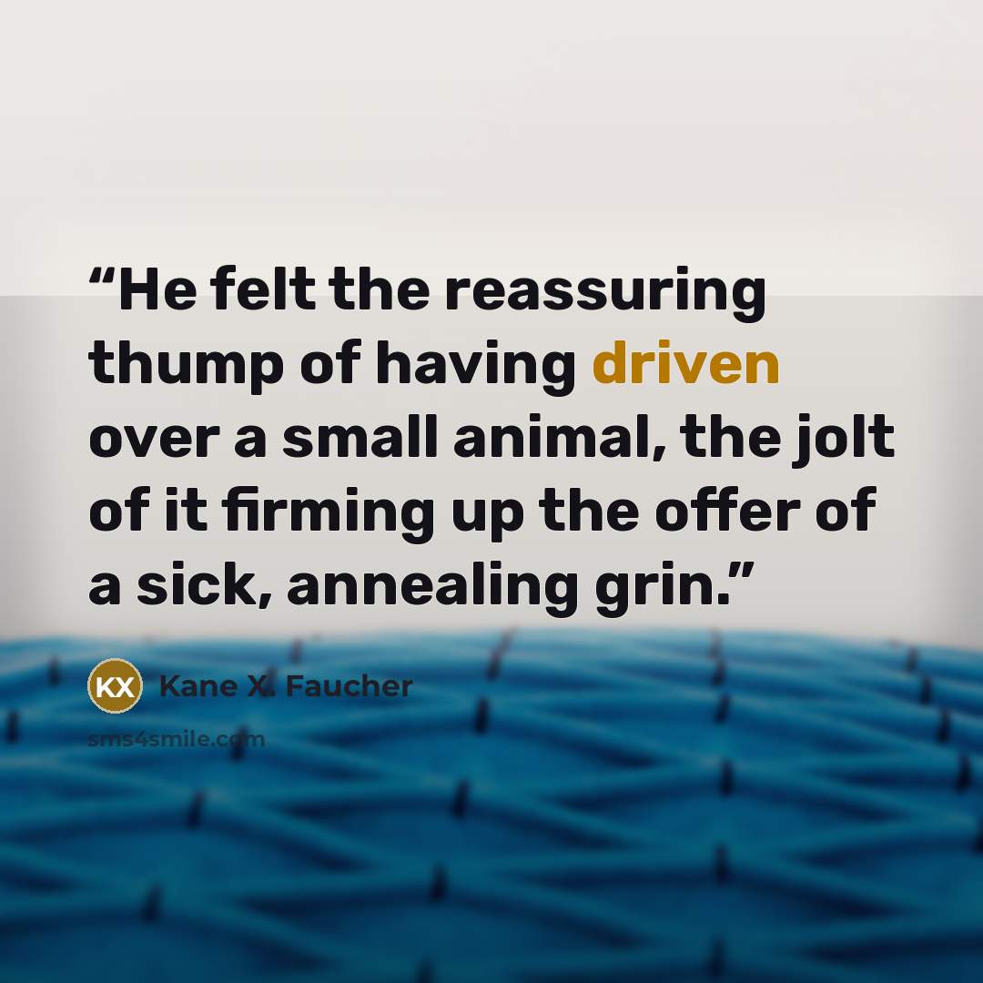 “He felt the reassuring thump of having driven over a small animal, the jolt of it firming up the offer of a sick, annealing grin.” quote by Kane X. Faucher