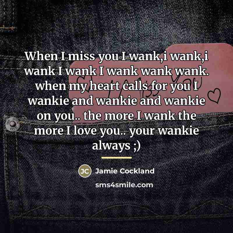 “When I miss you I wank,i wank,i wank I wank I wank wank wank. when my heart calls for you I wankie and wankie and wankie on you.. the more I wank the more I love you.. your wankie always ;)” quote by Jamie Cockland