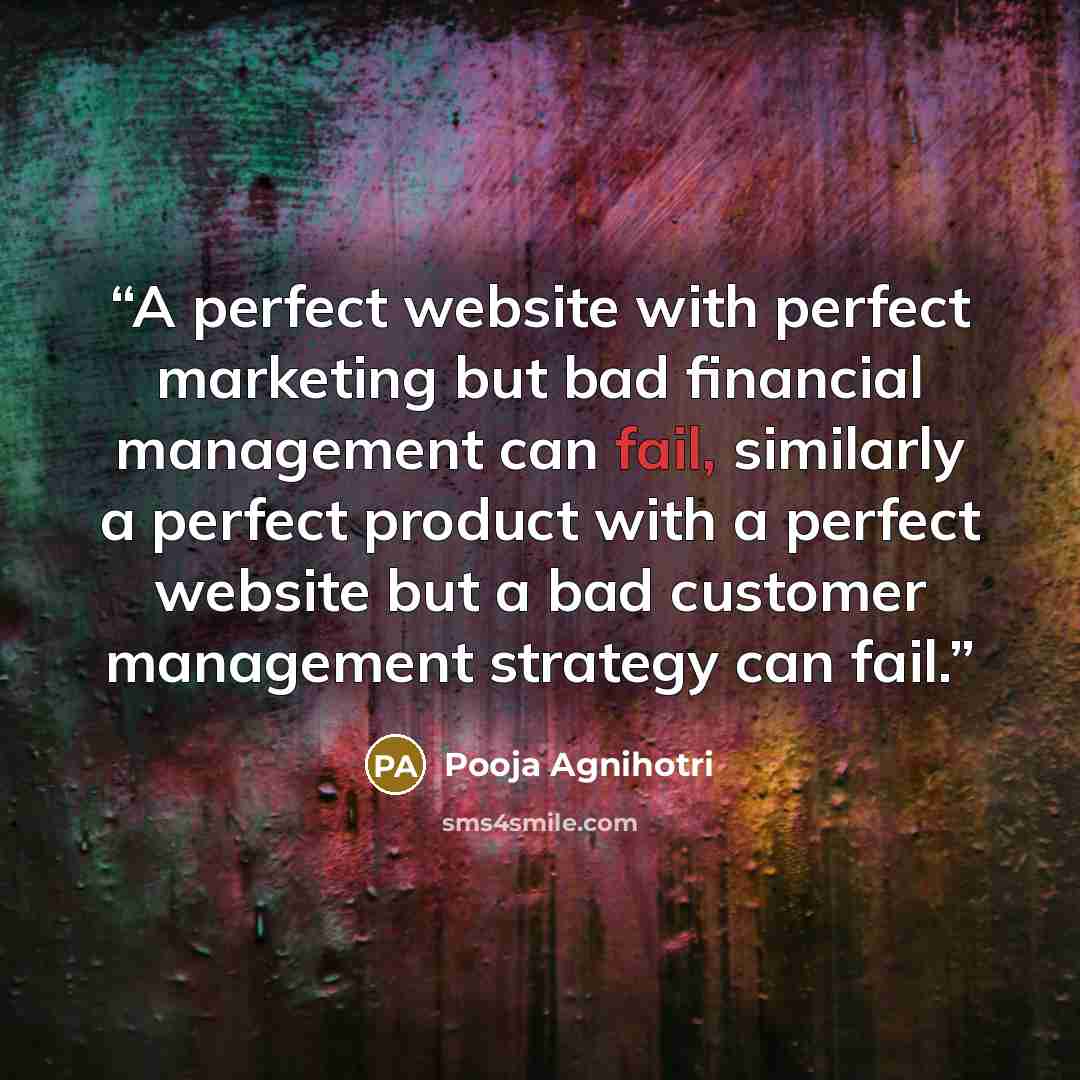 “A perfect website with perfect marketing but bad financial management can fail, similarly a perfect product with a perfect website but a bad customer management strategy can fail.” quote by Pooja Agnihotri