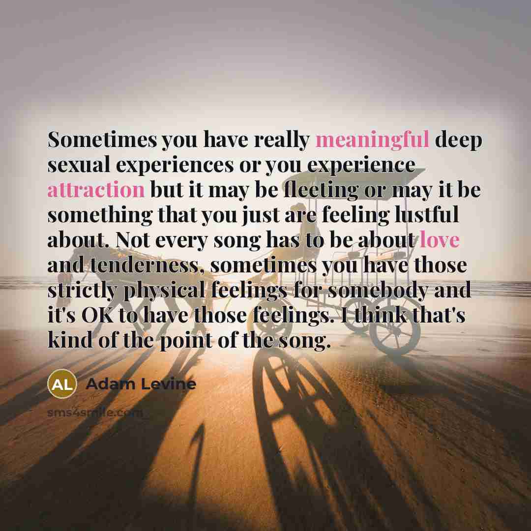 “Sometimes you have really meaningful deep sexual experiences or you experience attraction but it may be fleeting or may it be something that you just are feeling lustful about. Not every song has to be about love and tenderness, sometimes you have those strictly physical feelings for somebody and…” quote by Adam Levine