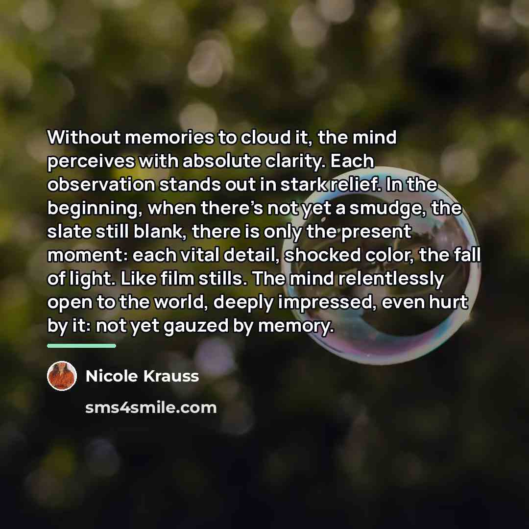 “Without memories to cloud it, the mind perceives with absolute…” quote by Nicole Krauss
