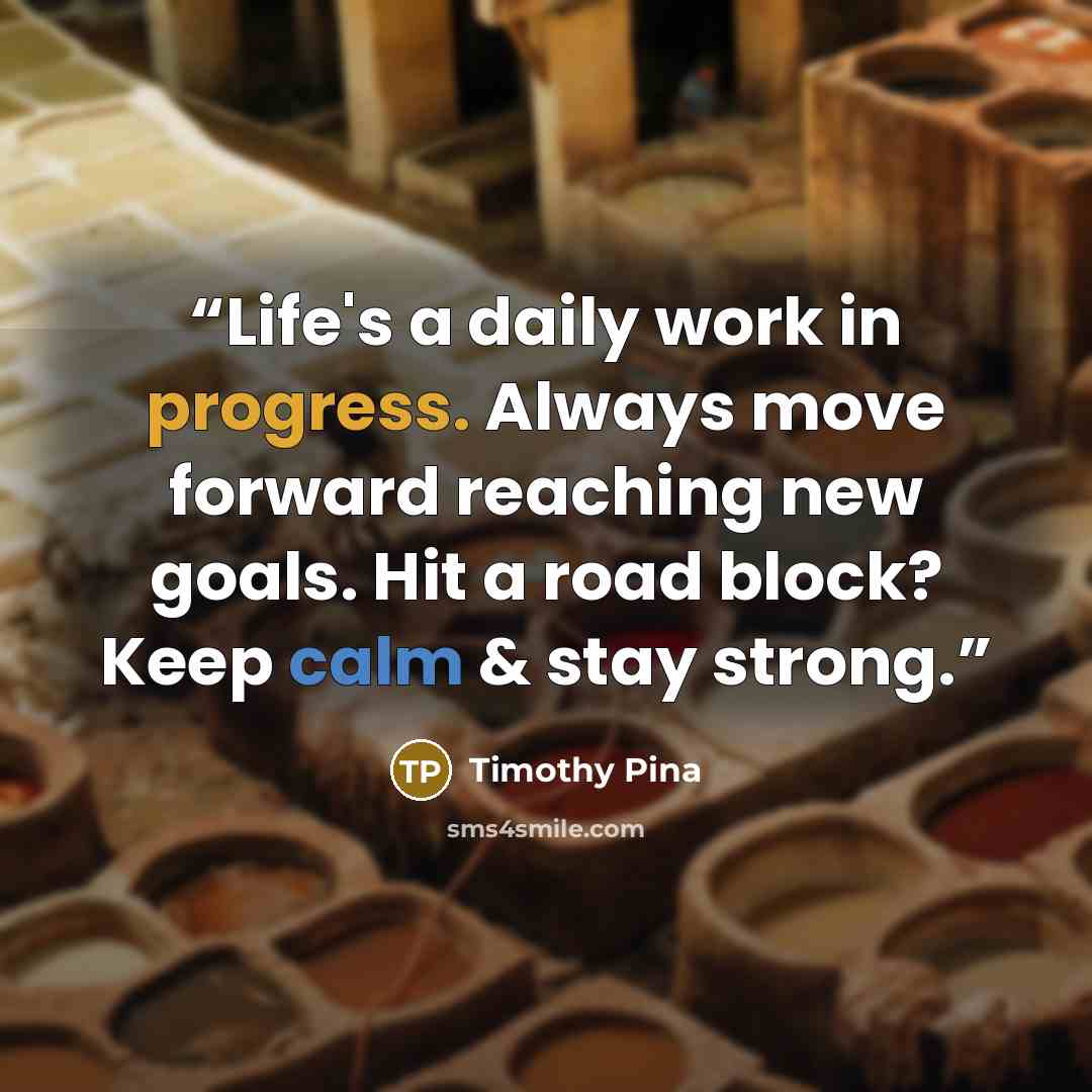 “Life's a daily work in progress. Always move forward reaching new goals. Hit a road block? Keep calm & stay strong.” quote by Timothy Pina