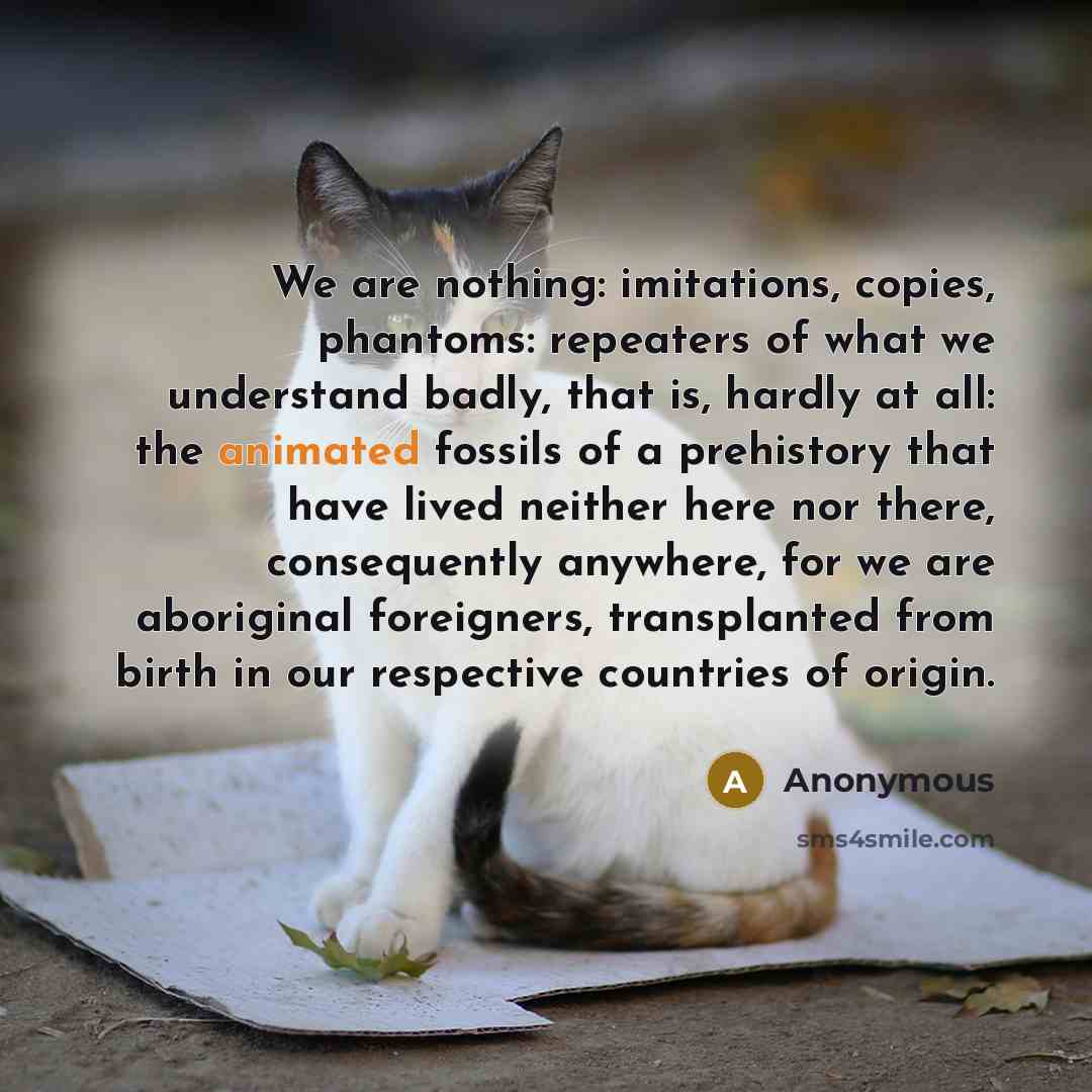 “We are nothing: imitations, copies, phantoms: repeaters of what we understand badly, that is, hardly at all: the animated fossils of a prehistory that have lived neither here nor there, consequently anywhere, for we are aboriginal foreigners, transplanted from birth in our respective countries of…” quote by Anonymous