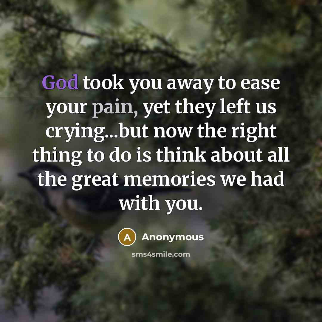 “God took you away to ease your pain, yet they left us crying...but now the right thing to do is think about all the great memories we had with you.” quote by Anonymous