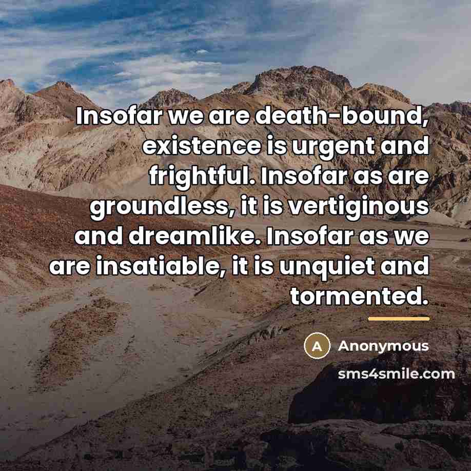 “Insofar we are death-bound, existence is urgent and frightful. Insofar…” quote by Anonymous