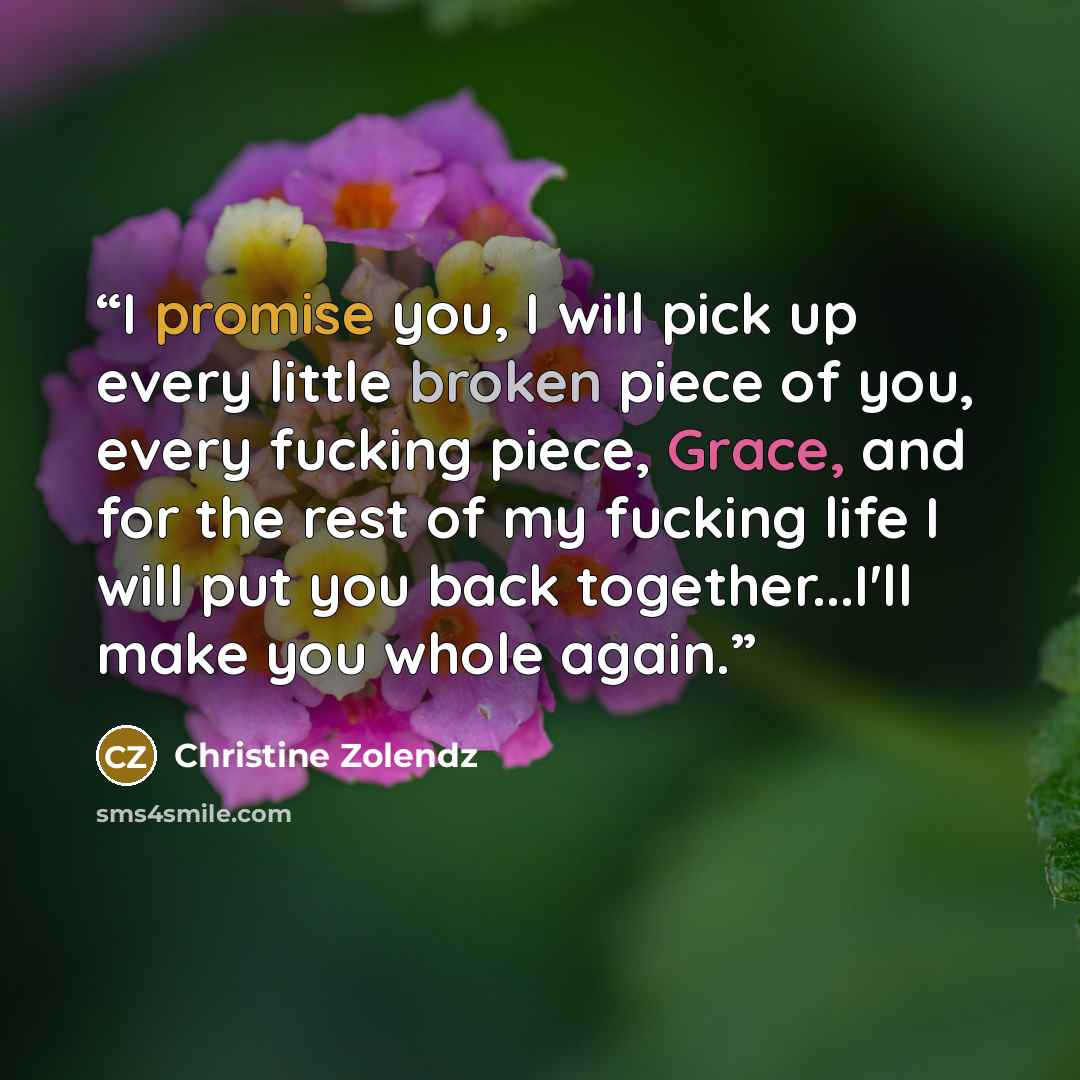“I promise you, I will pick up every little broken piece of you, every fucking piece, Grace, and for the rest of my fucking life I will put you back together...I'll make you whole again.” quote by Christine Zolendz