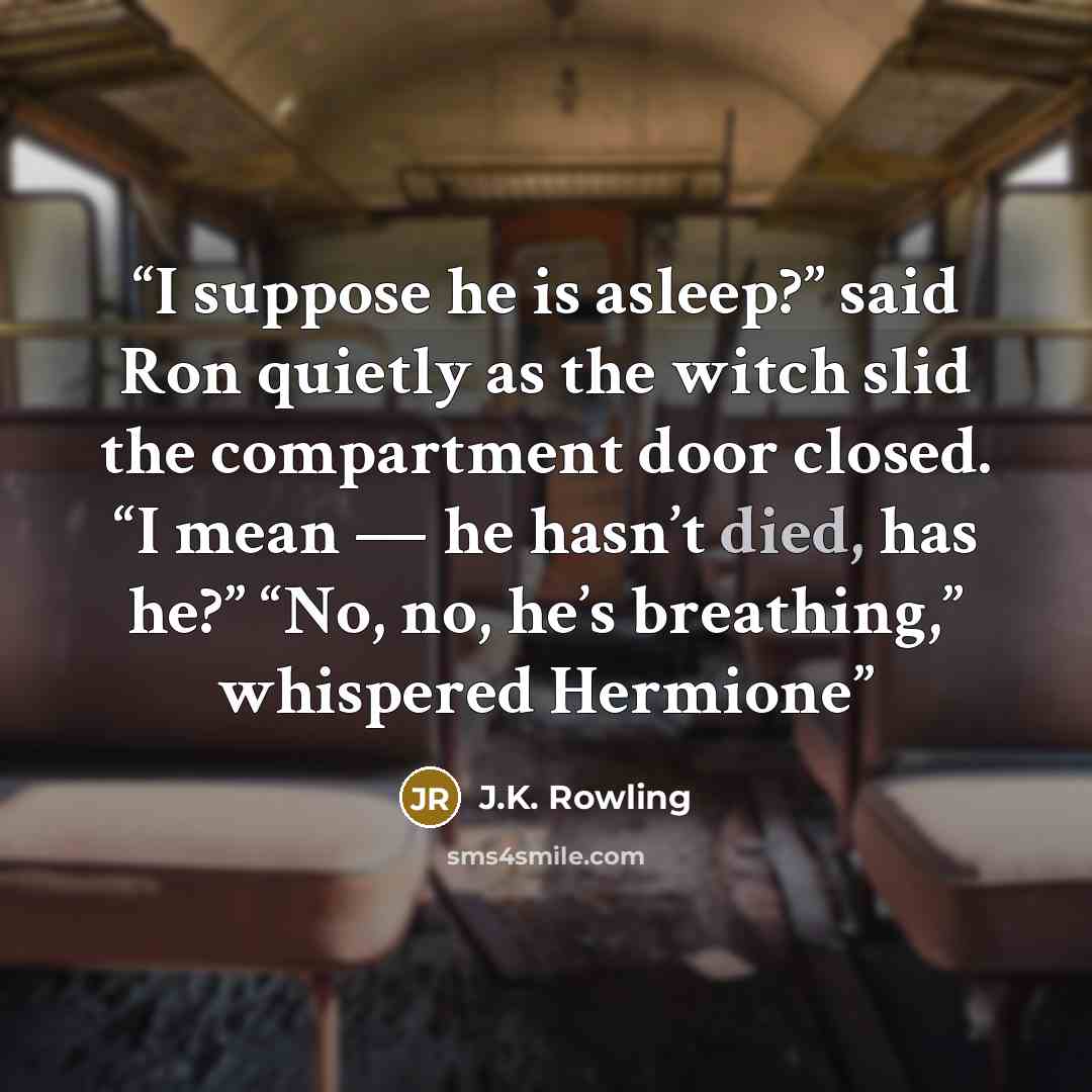 “I suppose he is asleep?” said Ron quietly as the witch slid the compartment door closed. “I mean — he hasn’t died, has he?” “No, no, he’s breathing,” whispered Hermione” quote by J.K. Rowling