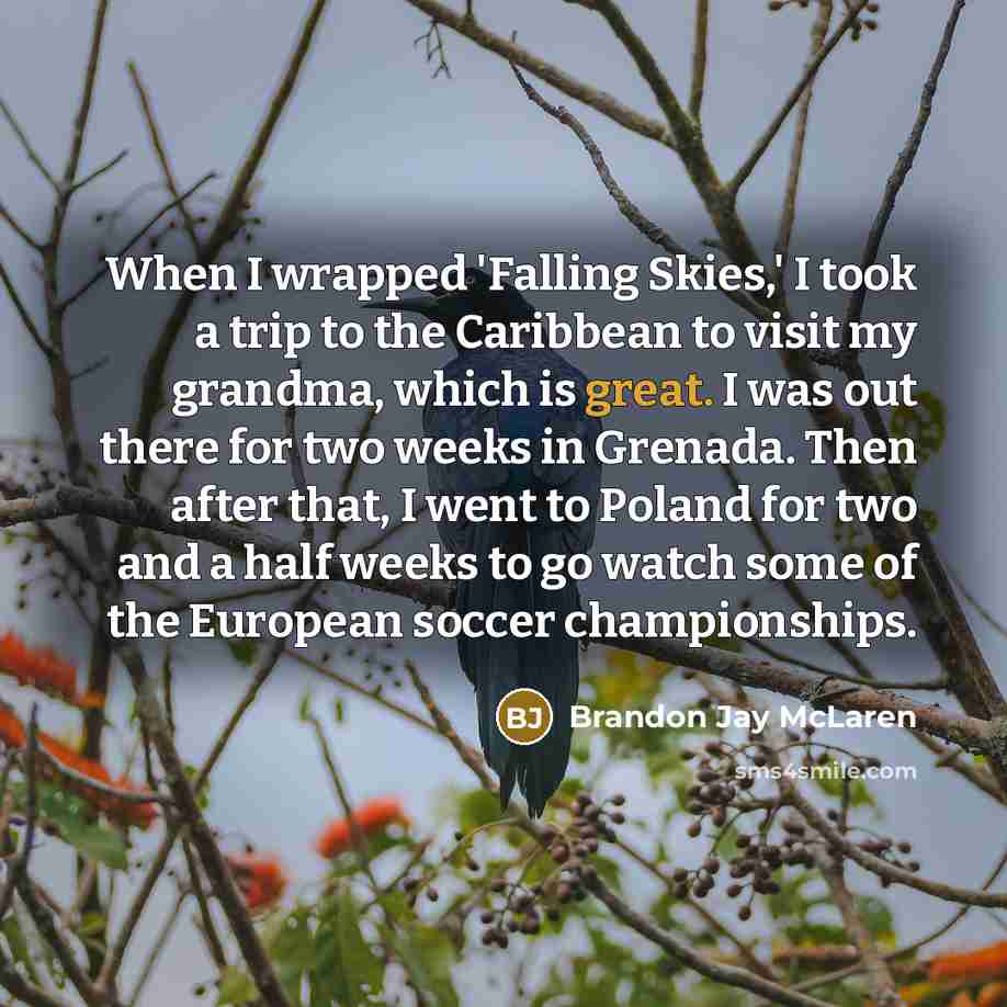 “When I wrapped 'Falling Skies,' I took a trip to…” quote by Brandon Jay McLaren