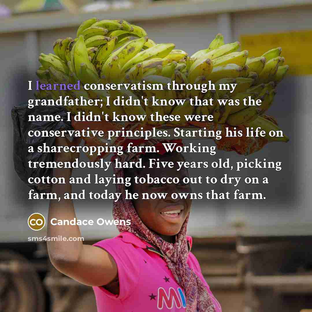 “I learned conservatism through my grandfather; I didn't know that was the name. I didn't know these were conservative principles. Starting his life on a sharecropping farm. Working tremendously hard. Five years old, picking cotton and laying tobacco out to dry on a farm, and today he now owns that…” quote by Candace Owens