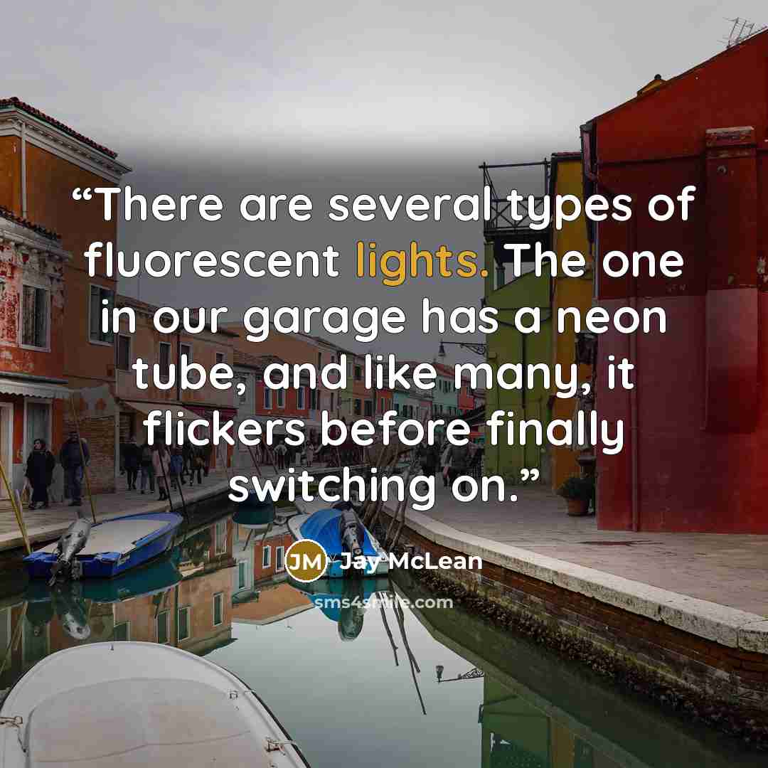 “There are several types of fluorescent lights. The one in our garage has a neon tube, and like many, it flickers before finally switching on.” quote by Jay McLean