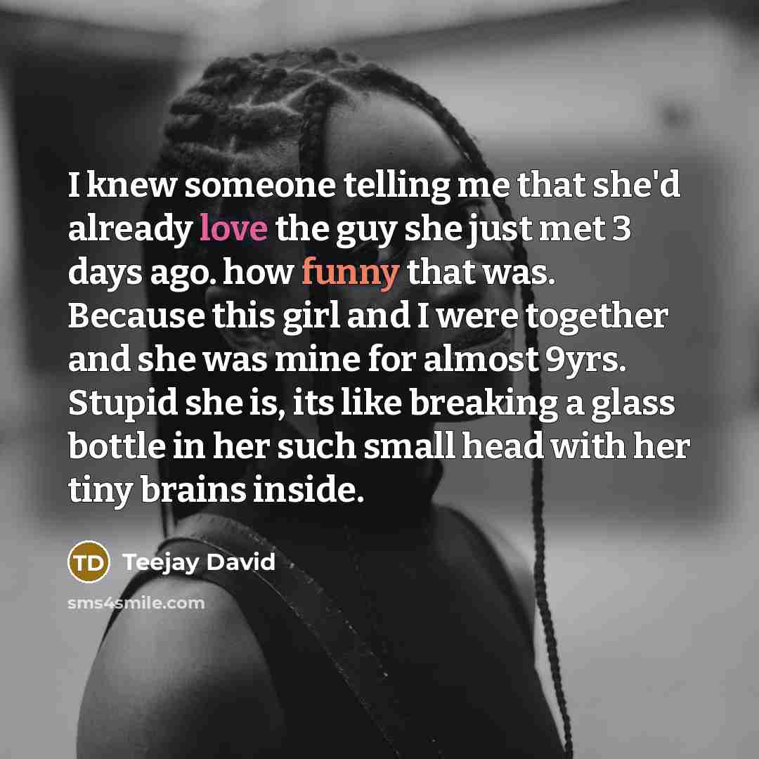 “I knew someone telling me that she'd already love the guy she just met 3 days ago. how funny that was. Because this girl and I were together and she was mine for almost 9yrs. Stupid she is, its like breaking a glass bottle in her such small head with her tiny brains inside.” quote by Teejay David