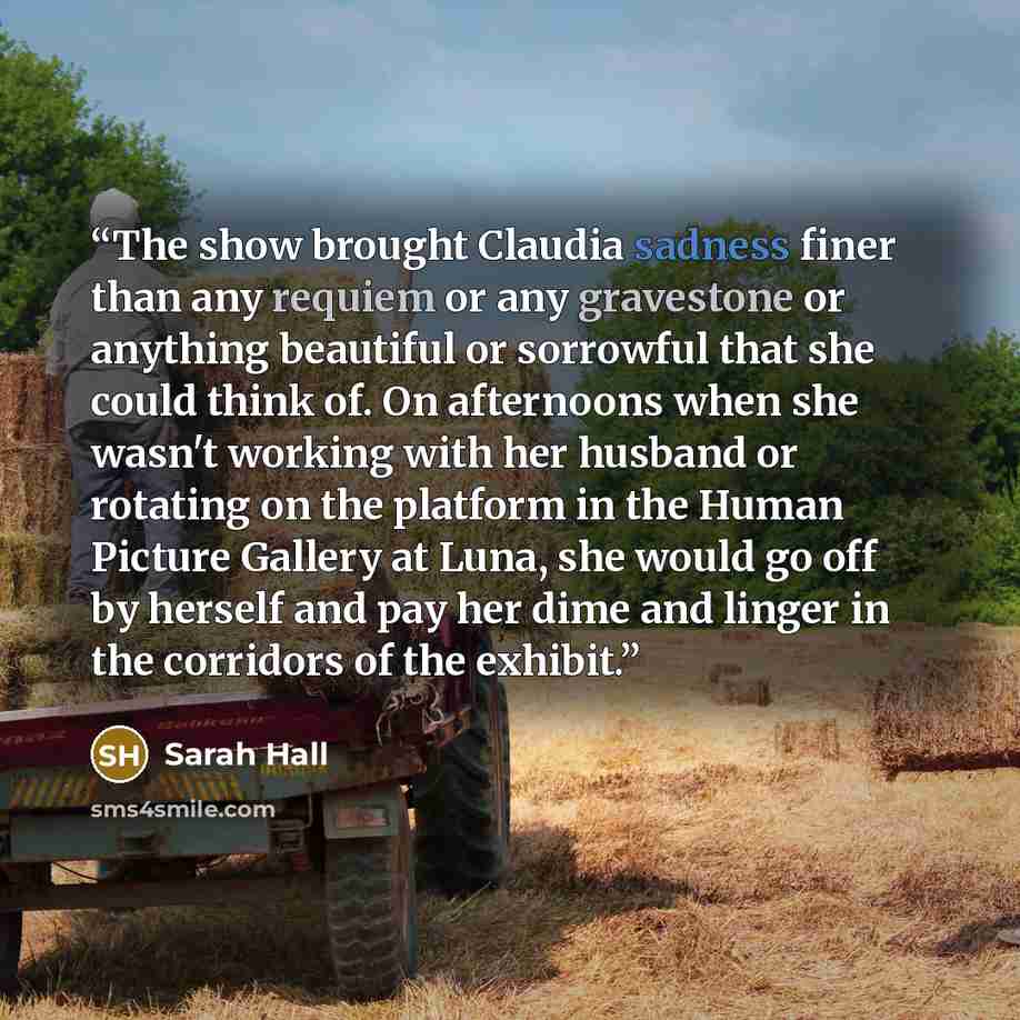 “The show brought Claudia sadness finer than any requiem or any gravestone or anything beautiful or sorrowful that she could think of. On afternoons when she wasn't working with her husband or rotating on the platform in the Human Picture Gallery at Luna, she would go off by herself and pay her…” quote by Sarah Hall