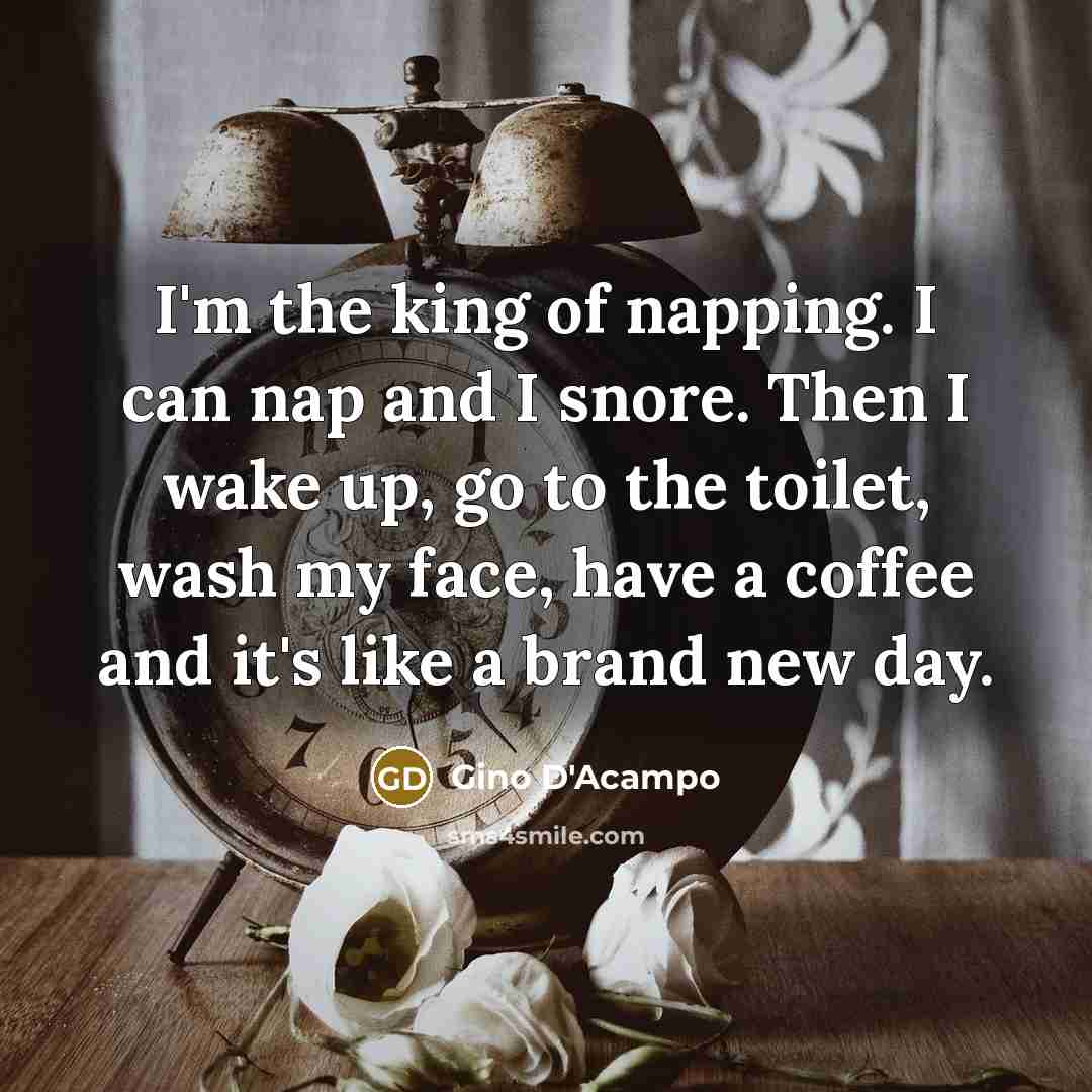 “I'm the king of napping. I can nap and I snore. Then I wake up, go to the toilet, wash my face, have a coffee and it's like a brand new day.” quote by Gino D'Acampo