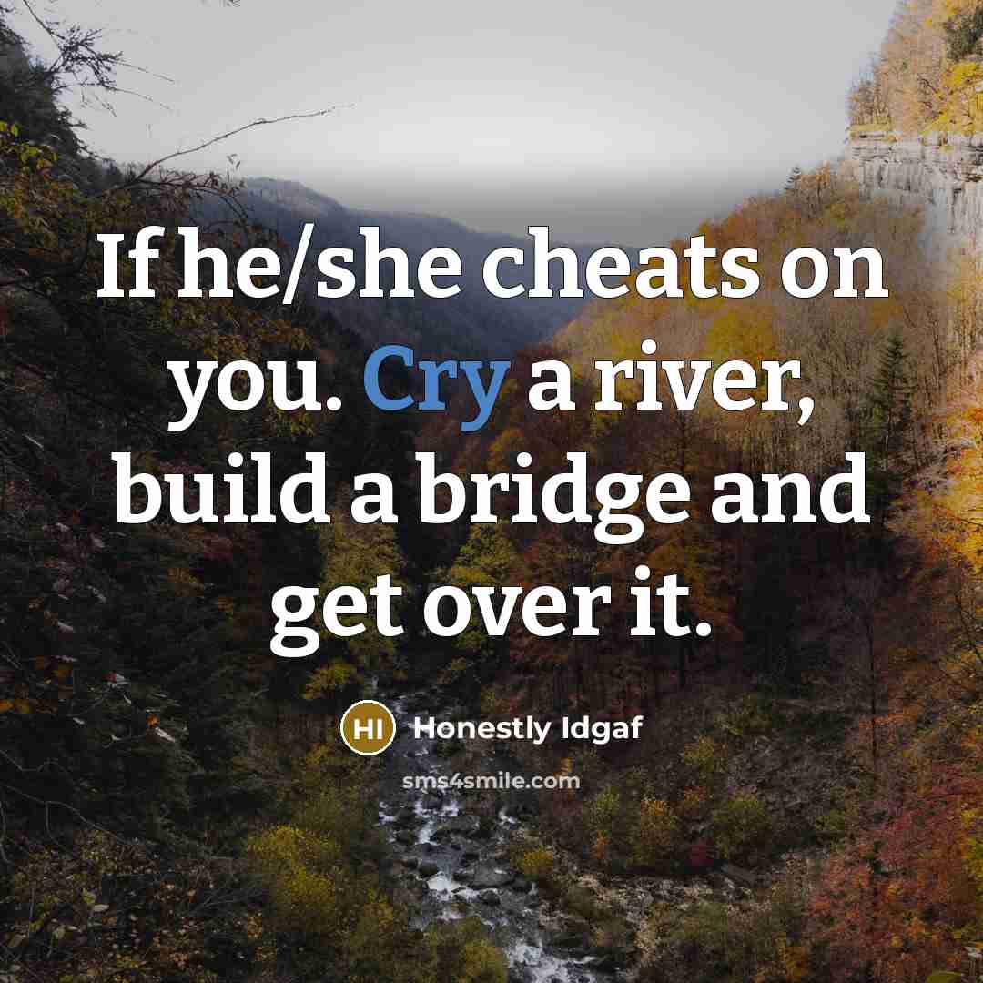 “If he/she cheats on you. Cry a river, build a…” quote by Honestly Idgaf