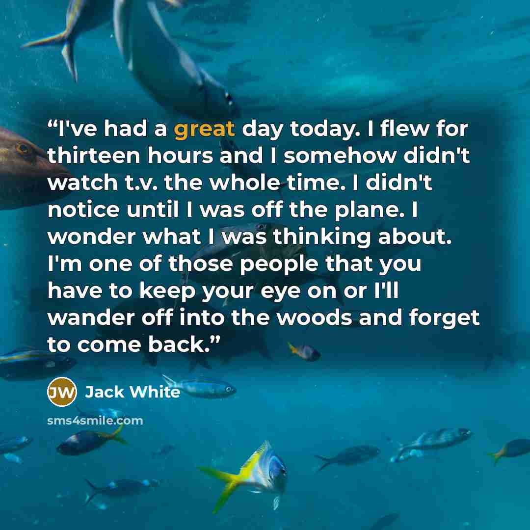 “I've had a great day today. I flew for thirteen hours and I somehow didn't watch t.v. the whole time. I didn't notice until I was off the plane. I wonder what I was thinking about. I'm one of those people that you have to keep your eye on or I'll wander off into the woods and forget to come back.” quote by Jack White