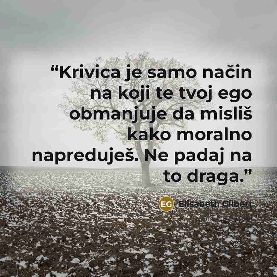 “Krivica je samo način na koji te tvoj ego obmanjuje da misliš kako moralno napreduješ. Ne padaj na to draga.” quote by Elisabeth Gilbert