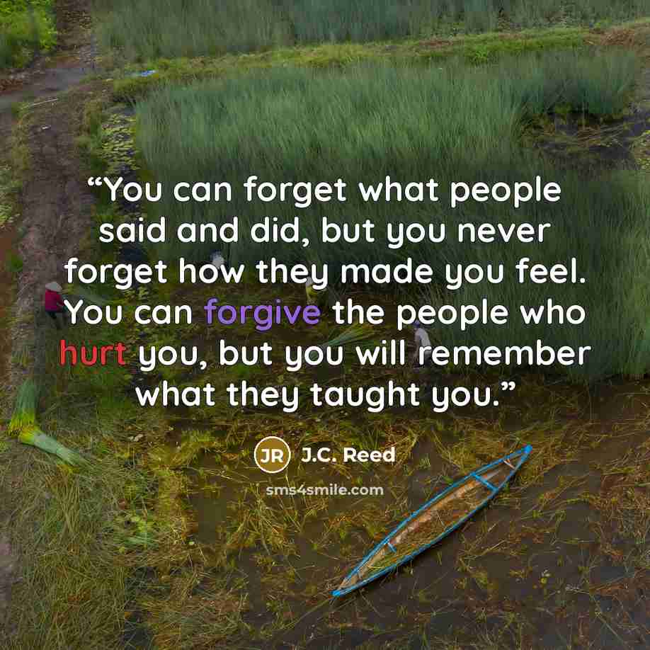 “You can forget what people said and did, but you never forget how they made you feel. You can forgive the people who hurt you, but you will remember what they taught you.” quote by J.C. Reed