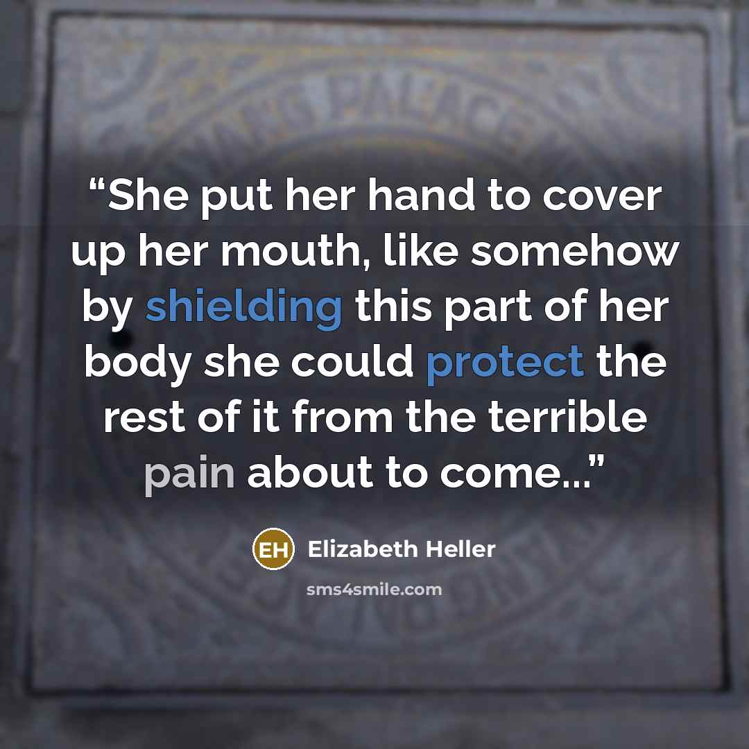 “She put her hand to cover up her mouth, like somehow by shielding this part of her body she could protect the rest of it from the terrible pain about to come...” quote by Elizabeth Heller