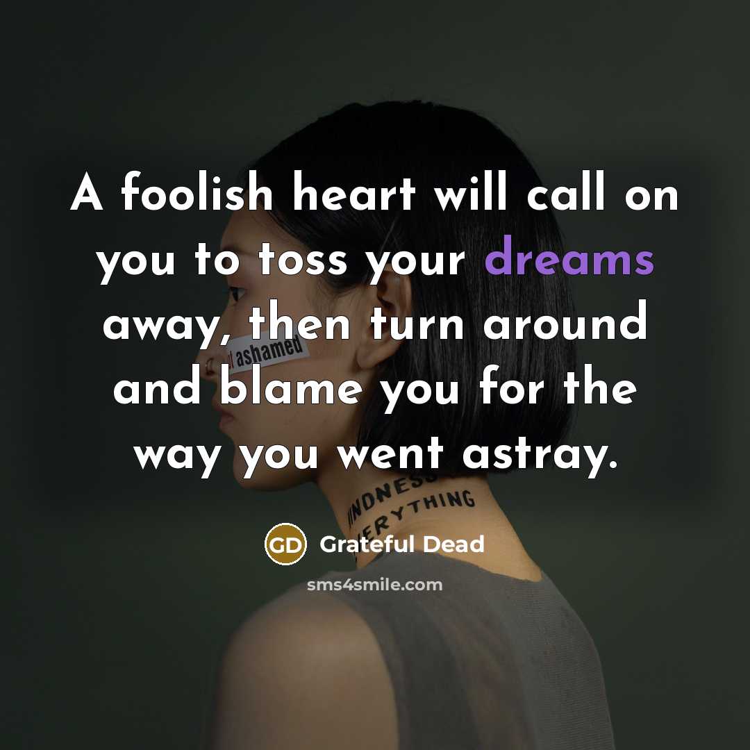 “A foolish heart will call on you to toss your dreams away, then turn around and blame you for the way you went astray.” quote by Grateful Dead