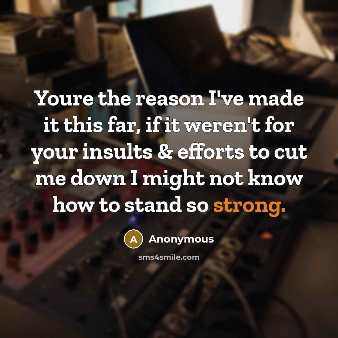 “Youre the reason I've made it this far, if it weren't for your insults & efforts to cut me down I might not know how to stand so strong.” quote by Anonymous