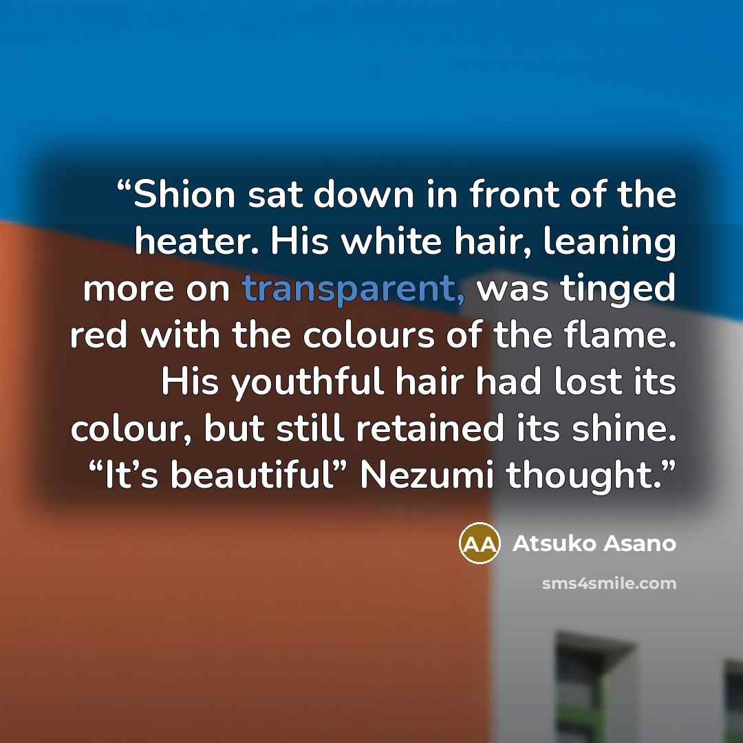 “Shion sat down in front of the heater. His white hair, leaning more on transparent, was tinged red with the colours of the flame. His youthful hair had lost its colour, but still retained its shine. “It’s beautiful” Nezumi thought.” quote by Atsuko Asano