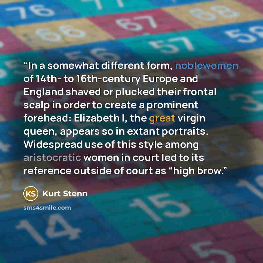 “In a somewhat different form, noblewomen of 14th- to 16th-century Europe and England shaved or plucked their frontal scalp in order to create a prominent forehead: Elizabeth I, the great virgin queen, appears so in extant portraits. Widespread use of this style among aristocratic women in court…” quote by Kurt Stenn