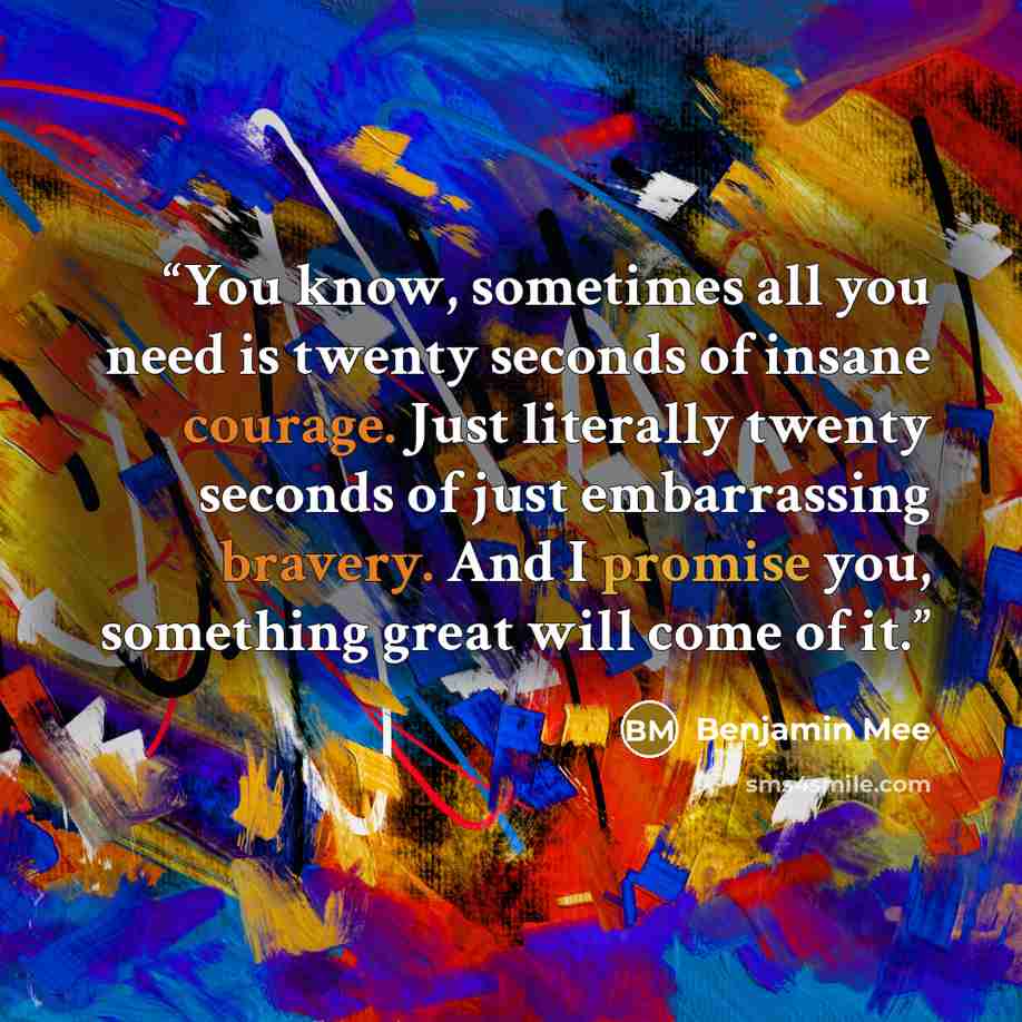 “You know, sometimes all you need is twenty seconds of insane courage. Just literally twenty seconds of just embarrassing bravery. And I promise you, something great will come of it.” quote by Benjamin Mee