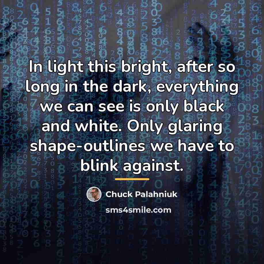 “In light this bright, after so long in the dark,…” quote by Chuck Palahniuk